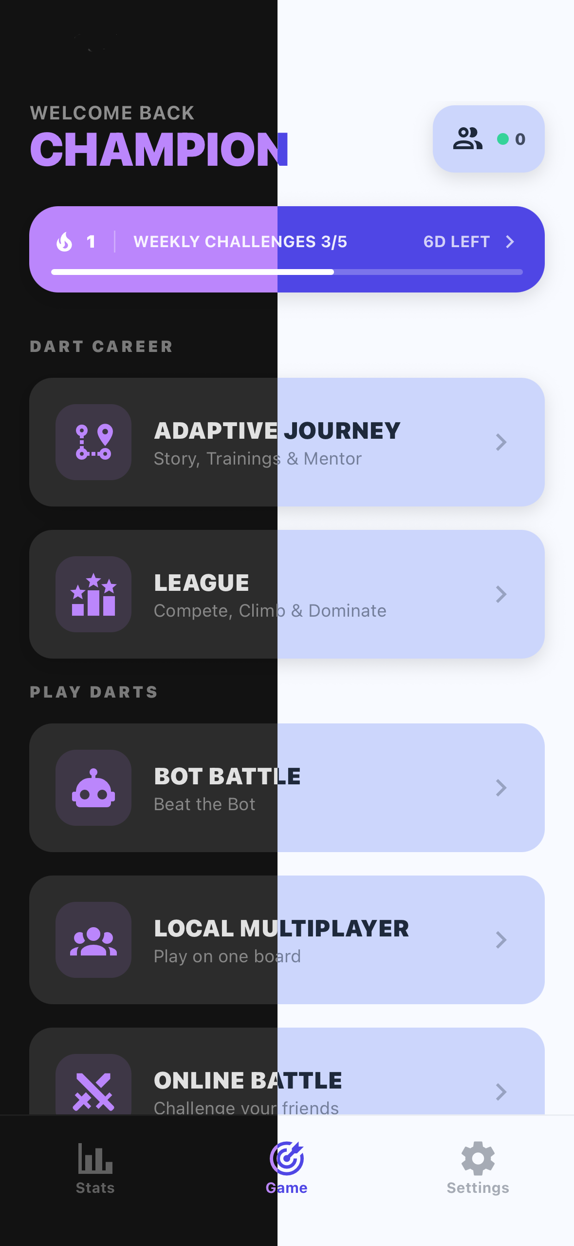 OKKI home screen, half shown in dark mode and half in light mode for comparison